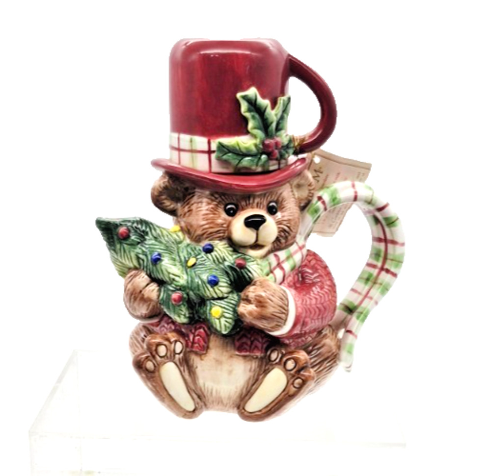 Fitz & Floyd Snack Therapy Teddy Bear Teapot & Cup Tea for One Holiday Ceramic